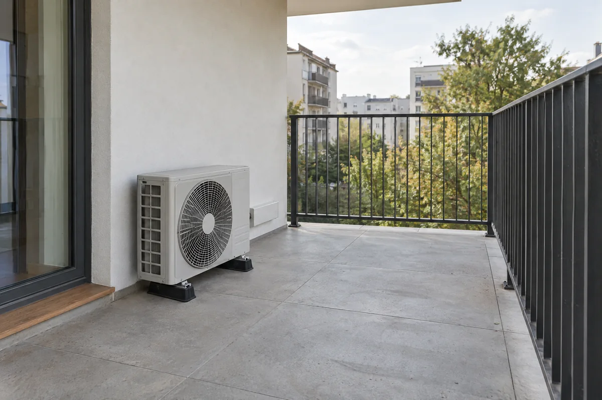 Jednostka zewnętrzna na podporach przy ścianie przestronnego balkonu z metalową balustradą.
