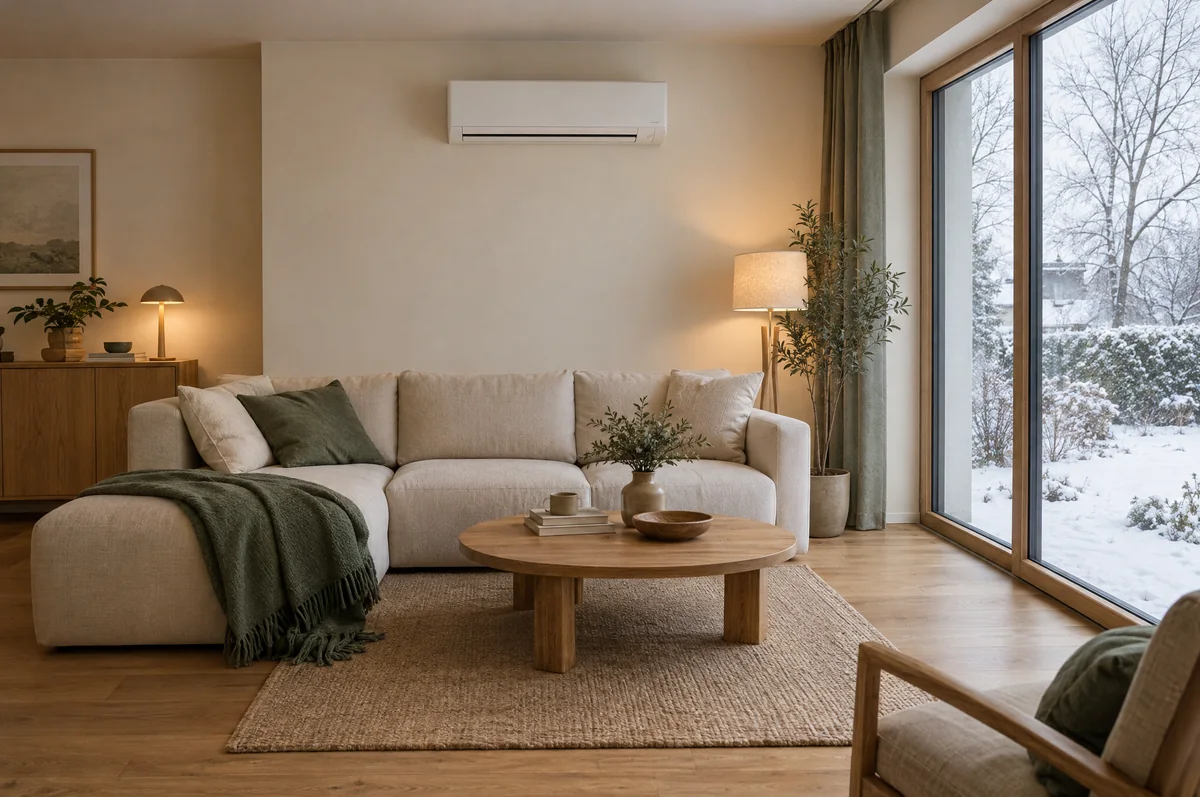 Przytulny salon z klimatyzatorem nad kremową sofą i zaśnieżonym ogrodem za oknem.