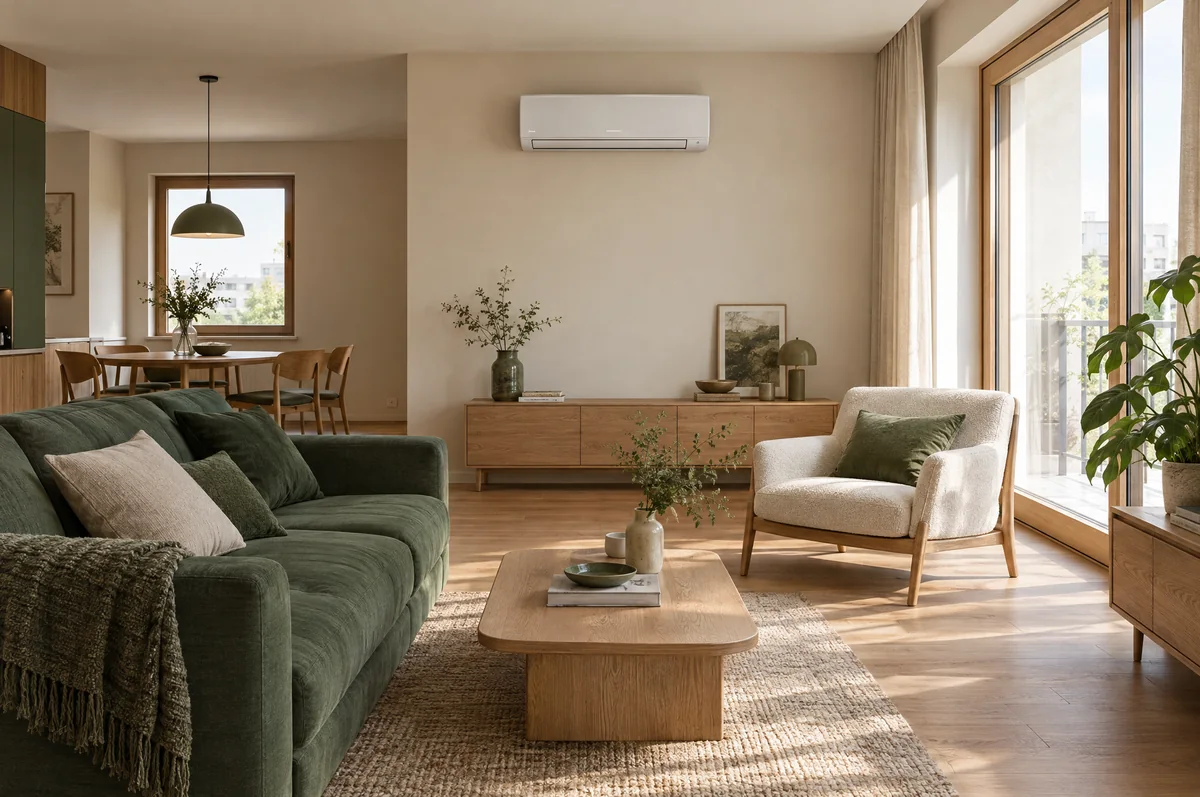 Jasny salon z zieloną sofą, drewnianym stołem i białym klimatyzatorem na ścianie.