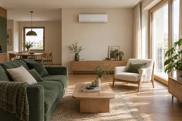 Jasny salon z zieloną sofą, drewnianym stołem i białym klimatyzatorem na ścianie.
